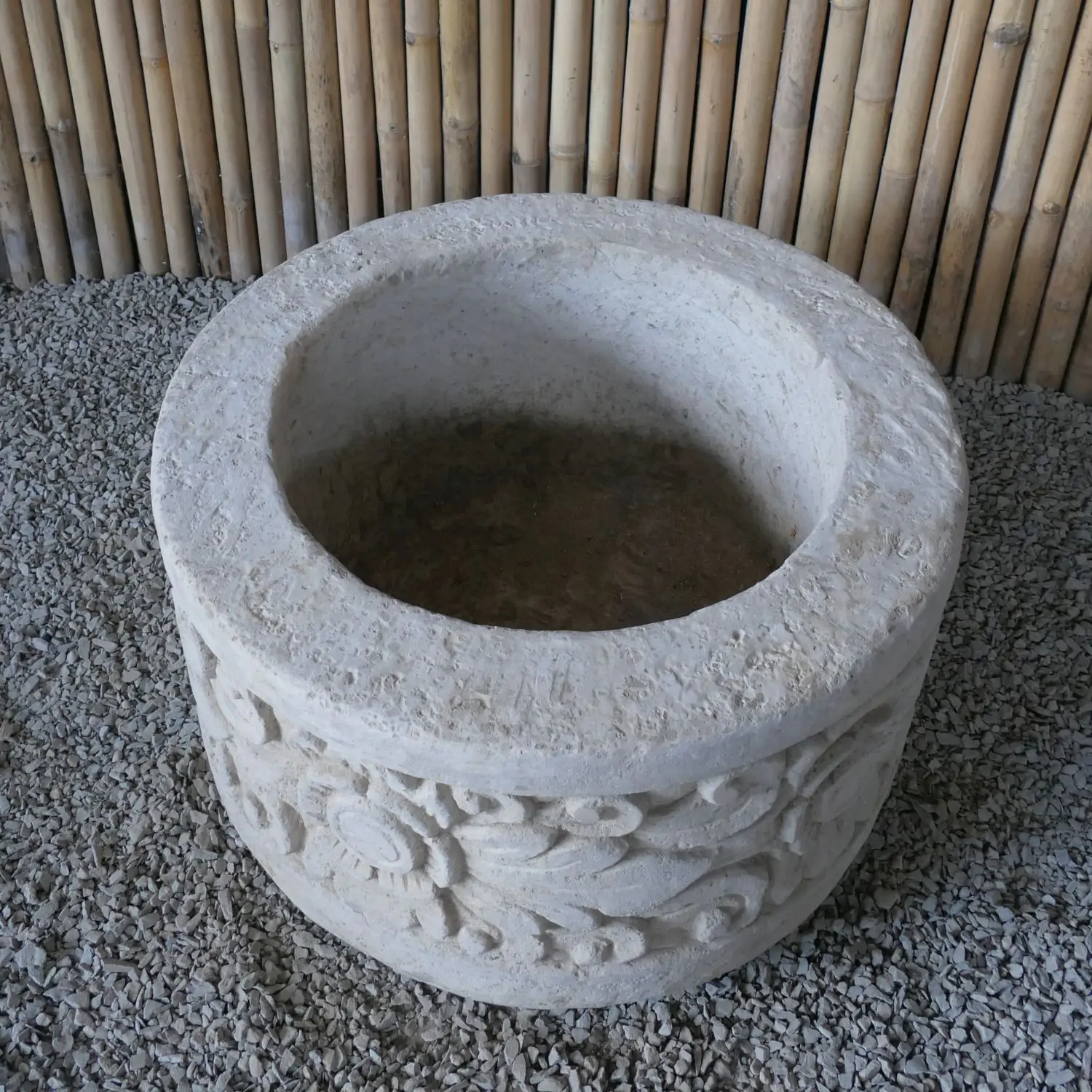  Product image 9 of the product “Balinese style tube round pot, with carving - 70cm Dia., 40 cm Height, Taro sand ”